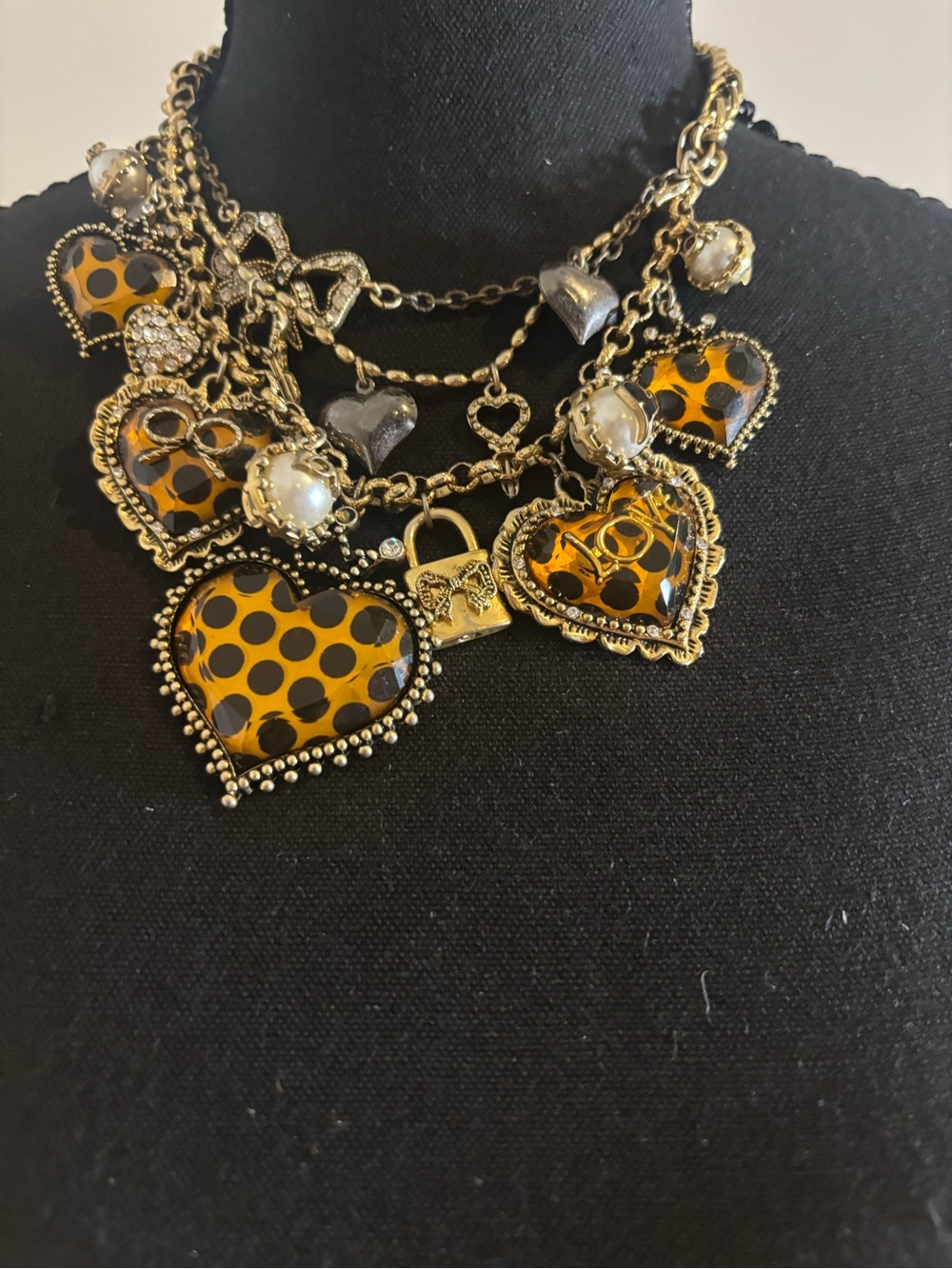 Gold-Tone Leopard Heart Charm Necklace with Faux Pearl Accents